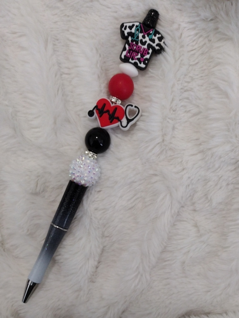 Nurse-Themed Beaded Pen with Heartbeat Charm - Red, Black, White